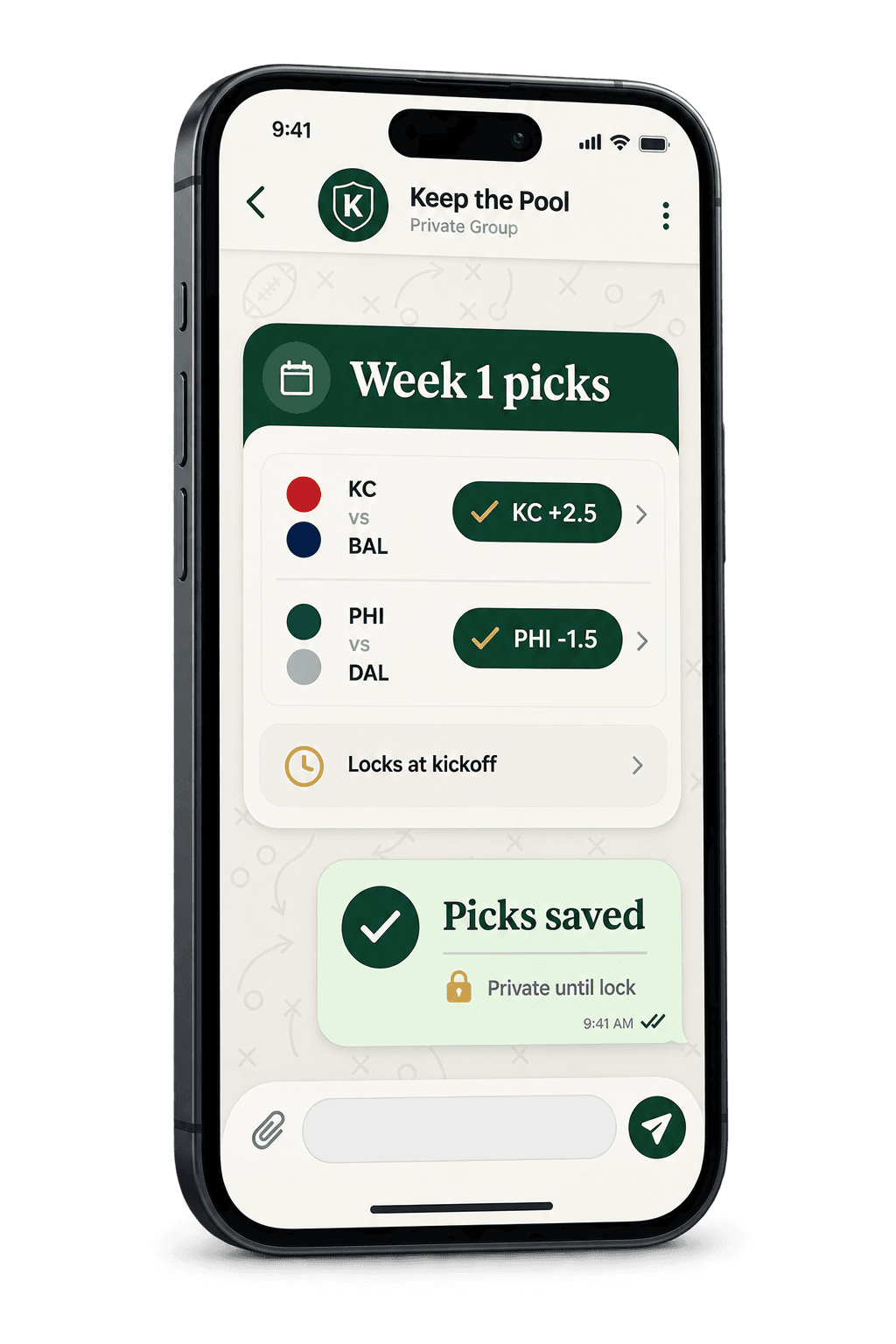 Keep the Pool mobile experience showing private Week 1 picks and a saved-picks receipt